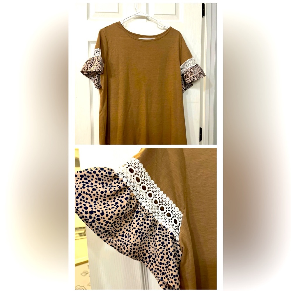 Brown Top with Lace and Polka Dot Sleeves